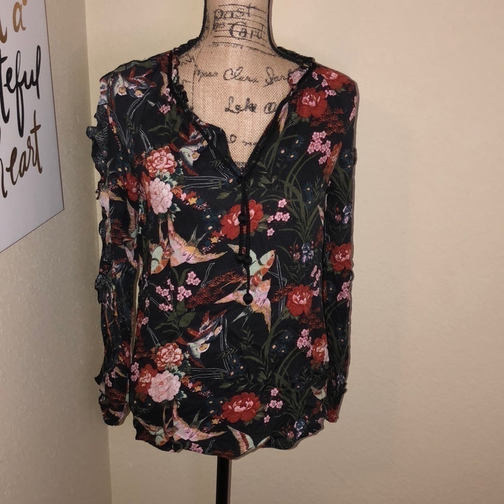 Jessica Simpson Keilani Black Floral Ruffle Sweet Bird Print Blouse Size S